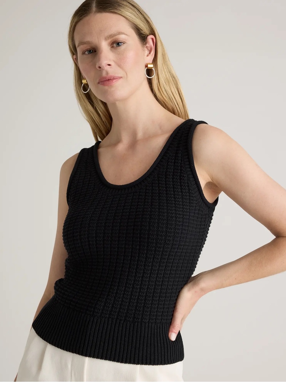 Quince 100% Organic Cotton Waffle Cropped Sweater Tank - Black
